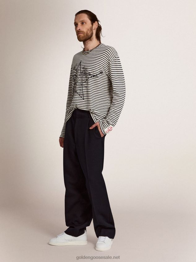 Collection T-shirt with white and blue stripes and embroidery on the front FN20N717 Men Golden Goose