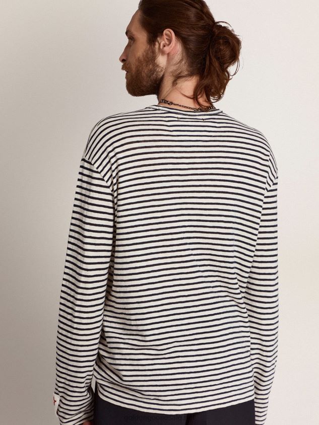 Collection T-shirt with white and blue stripes and embroidery on the front FN20N717 Men Golden Goose