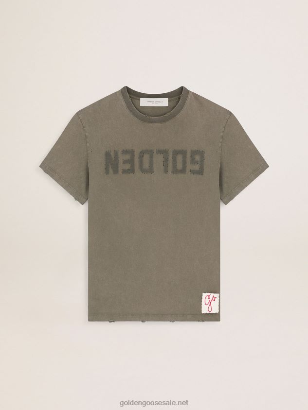Olive-green Collection distressed-effect T-shirt with Golden lettering on the front FN20N723 Men