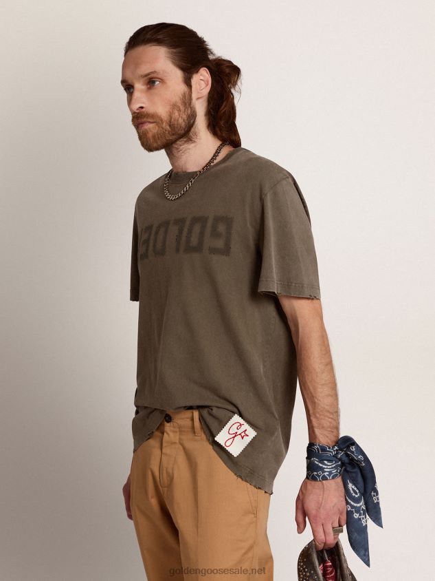 Olive-green Collection distressed-effect T-shirt with Golden lettering on the front FN20N723 Men