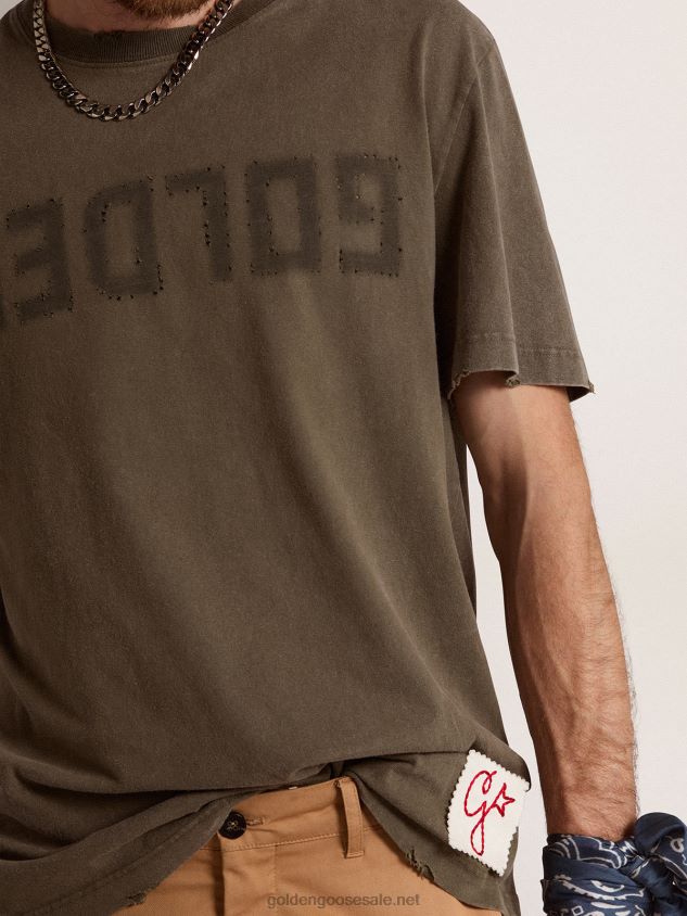 Olive-green Collection distressed-effect T-shirt with Golden lettering on the front FN20N723 Men