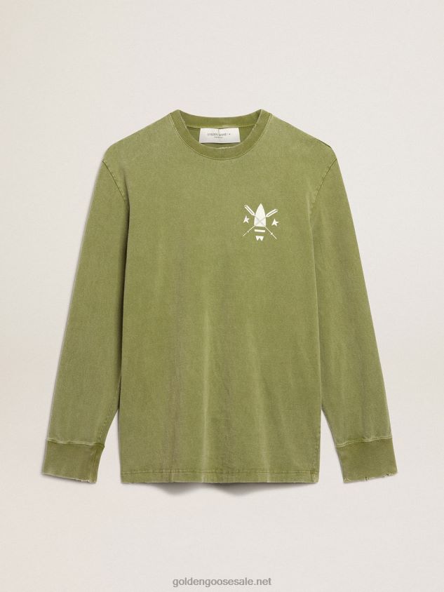 Pesto-green T-shirt with white logo on the front and back FN20N781 Men Golden Goose