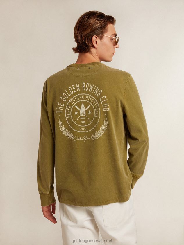 Pesto-green T-shirt with white logo on the front and back FN20N781 Men Golden Goose