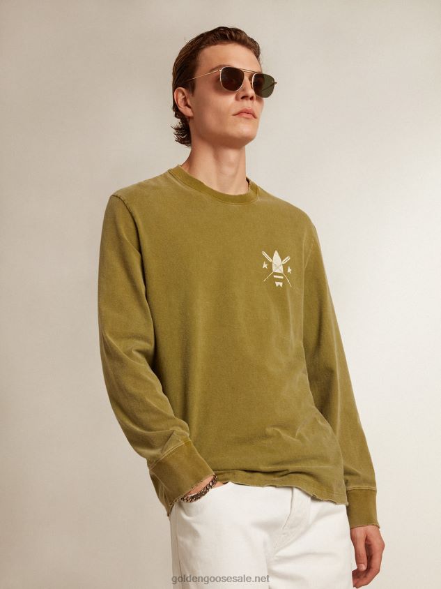 Pesto-green T-shirt with white logo on the front and back FN20N781 Men Golden Goose