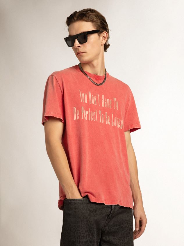 Red T-shirt with ecru printed lettering FN20N820 Men Golden Goose