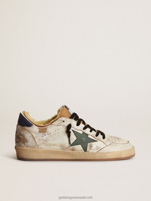 Ball Star sneakers in glossy white leather with dark green leather star and shearling lining FN20N684 Men Golden Goose