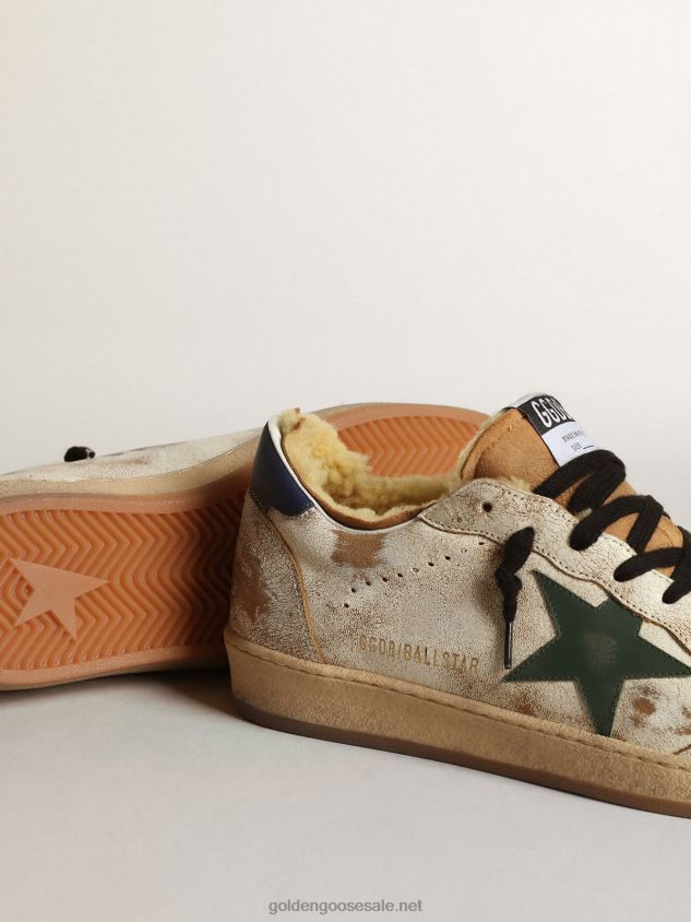 Ball Star sneakers in glossy white leather with dark green leather star and shearling lining FN20N684 Men Golden Goose