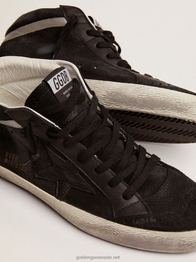Mid Star sneakers in black nubuck with black leather star and silver laminated leather flash FN20N523 Men Golden Goose