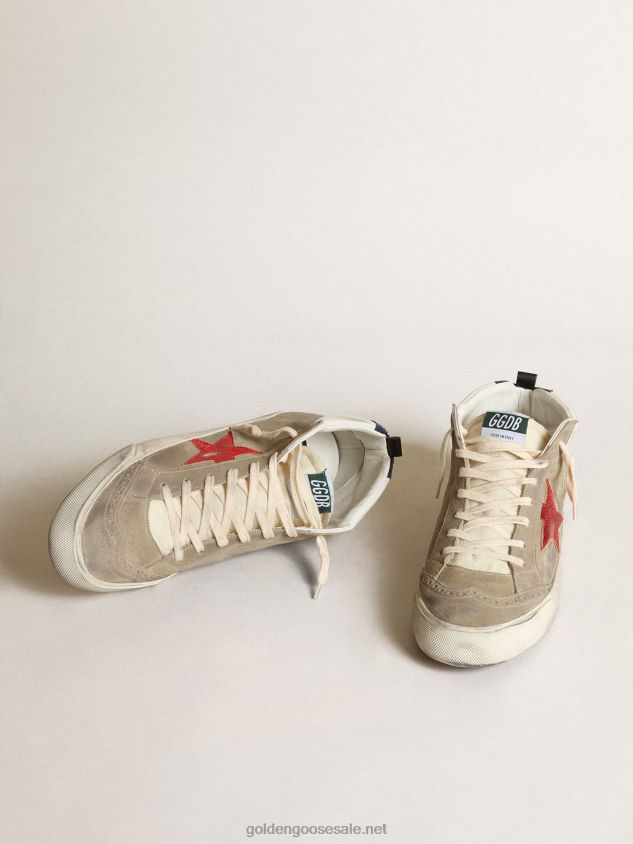 Mid Star sneakers in dove-gray suede with red metallic leather star and white leather flash FN20N567 Men Golden Goose