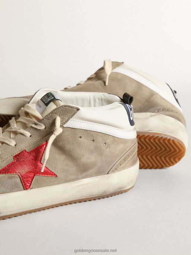 Mid Star sneakers in dove-gray suede with red metallic leather star and white leather flash FN20N567 Men Golden Goose