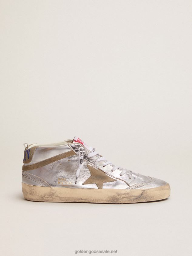 Mid Star sneakers in silver metallic leather with star and flash in dove-gray suede FN20N570 Men Golden Goose