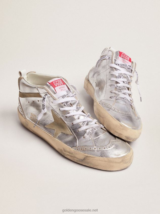 Mid Star sneakers in silver metallic leather with star and flash in dove-gray suede FN20N570 Men Golden Goose