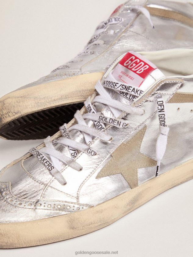 Mid Star sneakers in silver metallic leather with star and flash in dove-gray suede FN20N570 Men Golden Goose