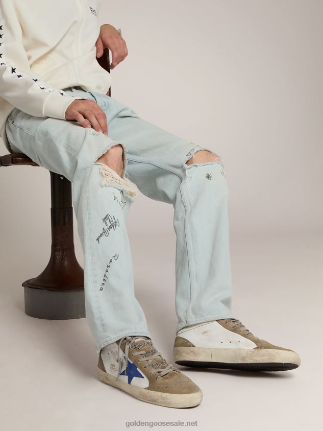 Mid Star sneakers in white leather with blue star and dove-gray inserts FN20N589 Men Golden Goose