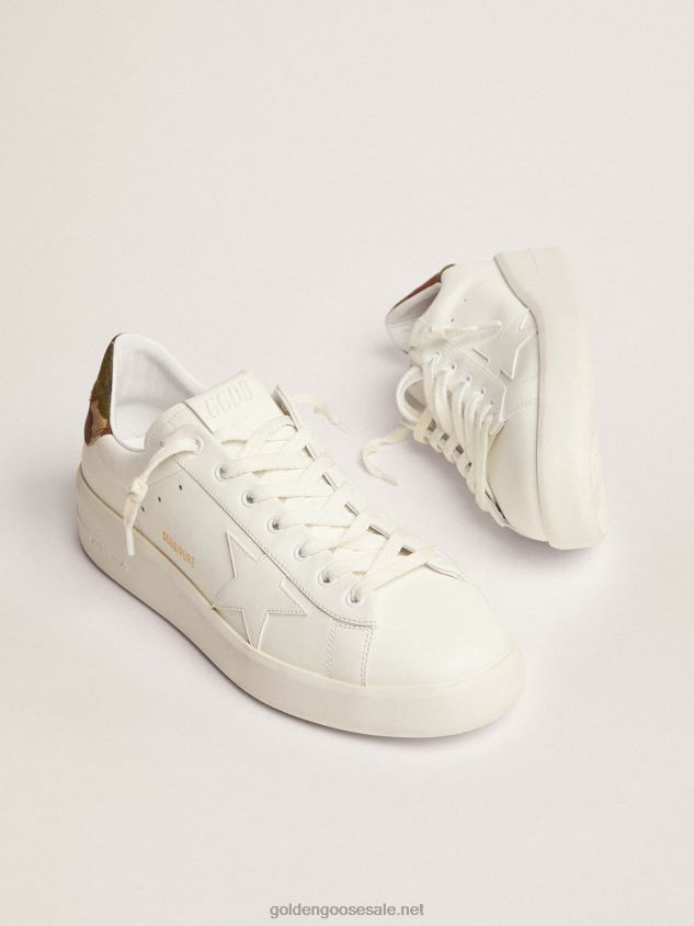 Purestar sneakers in white leather with tone-on-tone star and green heel tab in camouflage-print ripstop fabric FN20N527 Men Golden Goose
