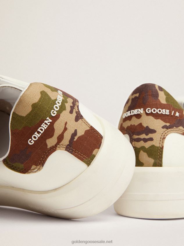 Purestar sneakers in white leather with tone-on-tone star and green heel tab in camouflage-print ripstop fabric FN20N527 Men Golden Goose