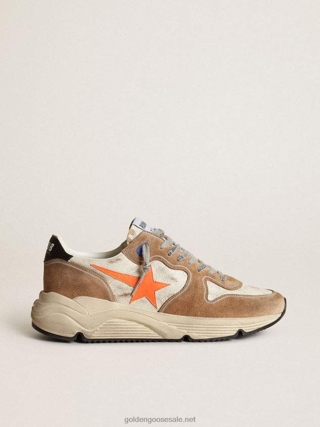 Running Sole LTD sneakers in glossy white leather and tobacco-colored suede with fluorescent orange leather star FN20N678 Men Golden Goose