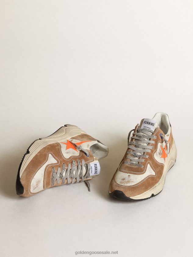 Running Sole LTD sneakers in glossy white leather and tobacco-colored suede with fluorescent orange leather star FN20N678 Men Golden Goose