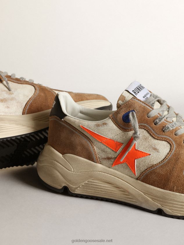 Running Sole LTD sneakers in glossy white leather and tobacco-colored suede with fluorescent orange leather star FN20N678 Men Golden Goose