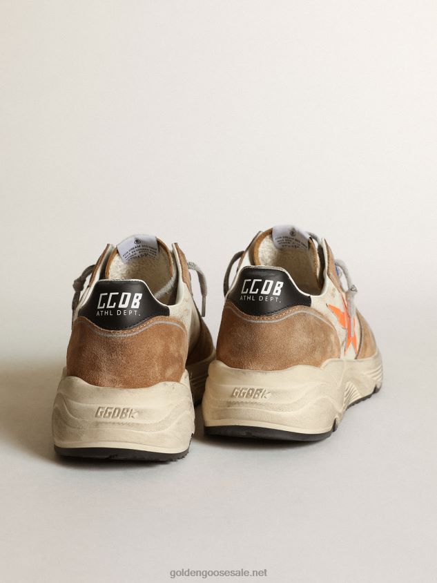 Running Sole LTD sneakers in glossy white leather and tobacco-colored suede with fluorescent orange leather star FN20N678 Men Golden Goose