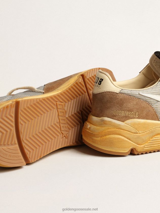 Running Sole in silver mesh and tobacco suede with a white star FN20N617 Men Golden Goose