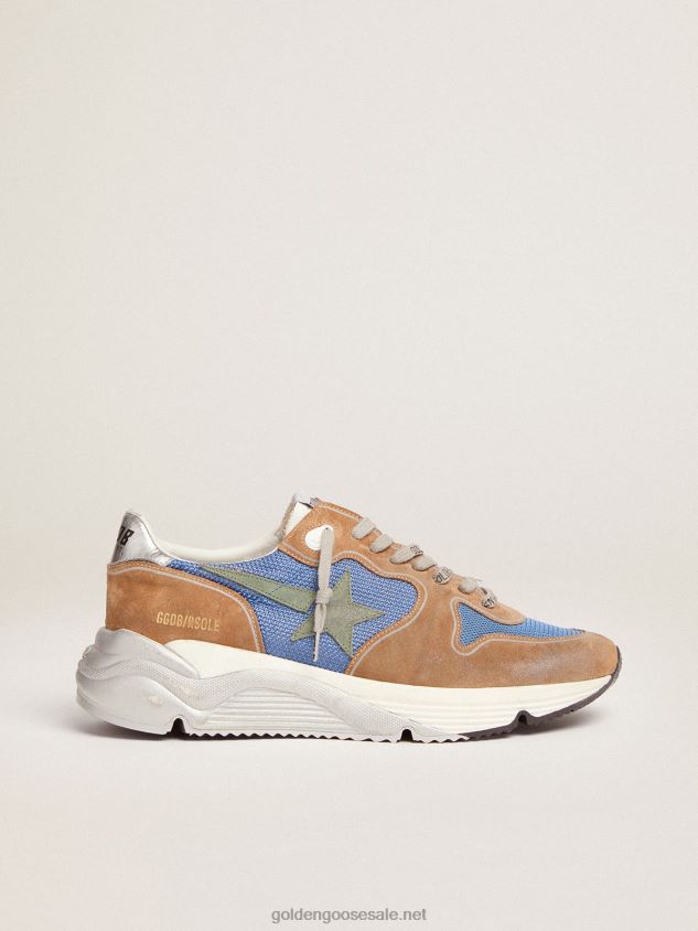 Running Sole sneakers in light blue mesh with tobacco-colored suede inserts and military-green suede star FN20N572 Men Golden Goose