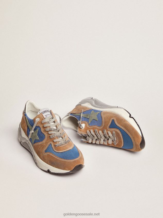 Running Sole sneakers in light blue mesh with tobacco-colored suede inserts and military-green suede star FN20N572 Men Golden Goose