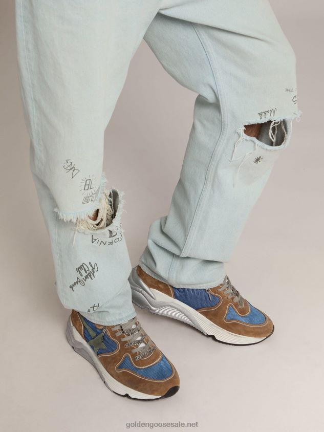Running Sole sneakers in light blue mesh with tobacco-colored suede inserts and military-green suede star FN20N572 Men Golden Goose
