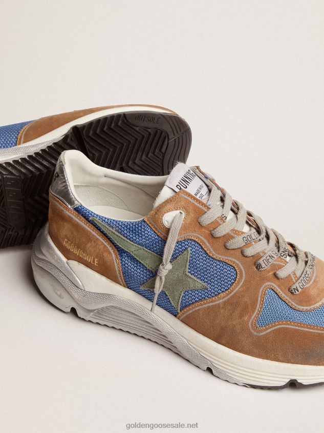 Running Sole sneakers in light blue mesh with tobacco-colored suede inserts and military-green suede star FN20N572 Men Golden Goose