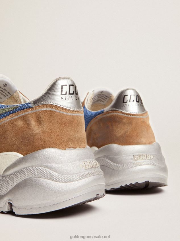 Running Sole sneakers in light blue mesh with tobacco-colored suede inserts and military-green suede star FN20N572 Men Golden Goose