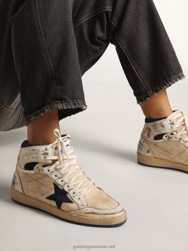 Sky-Star sneakers in cream-colored nylon and white leather with dark blue suede star FN20N519 Men Golden Goose