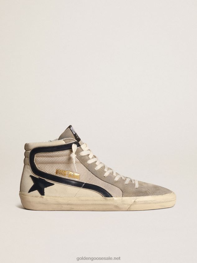 Slide in beige mesh and nylon with blue leather star and flash FN20N645 Men Golden Goose
