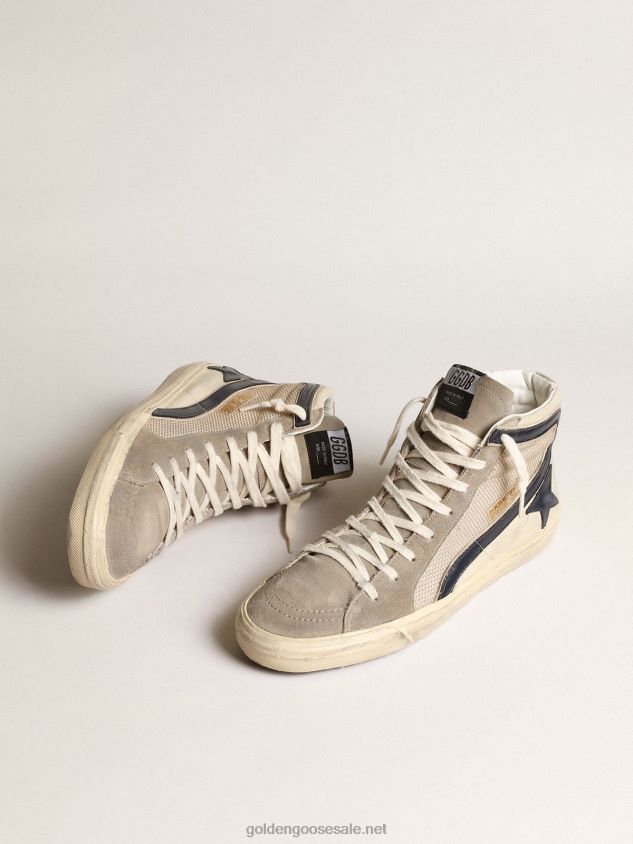 Slide in beige mesh and nylon with blue leather star and flash FN20N645 Men Golden Goose