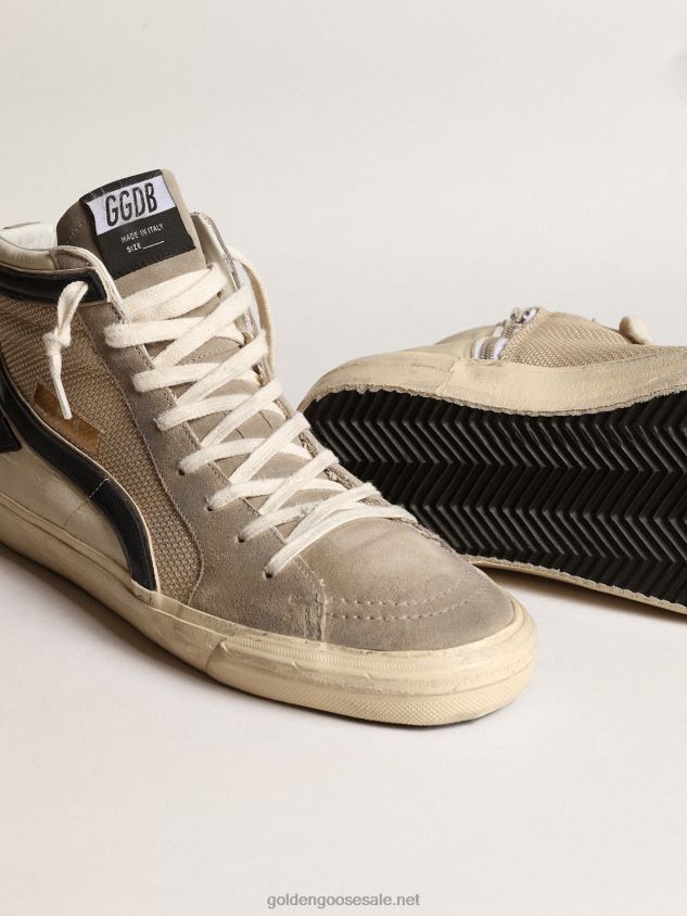 Slide in beige mesh and nylon with blue leather star and flash FN20N645 Men Golden Goose