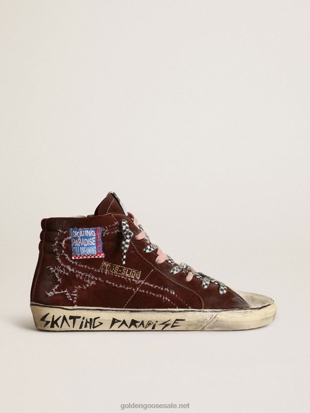 Slide sneakers in chocolate-colored suede with white stitching on the star and flash FN20N677 Men Golden Goose