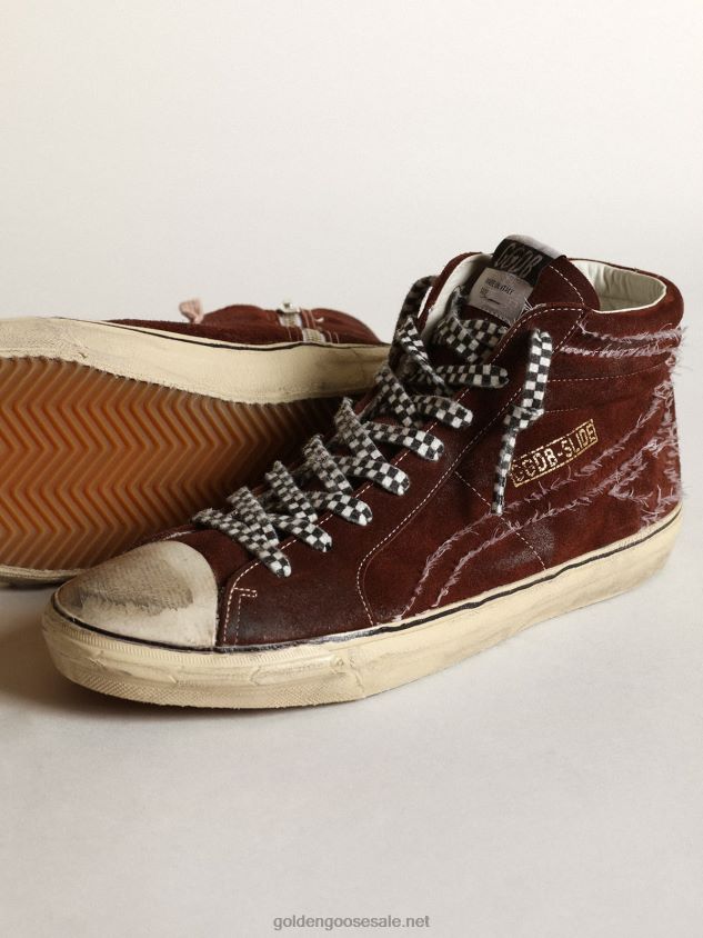 Slide sneakers in chocolate-colored suede with white stitching on the star and flash FN20N677 Men Golden Goose