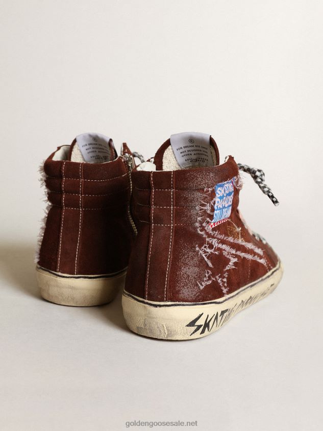 Slide sneakers in chocolate-colored suede with white stitching on the star and flash FN20N677 Men Golden Goose