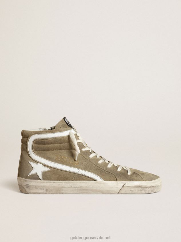 Slide sneakers in military-green suede with white leather star and flash FN20N534 Men Golden Goose