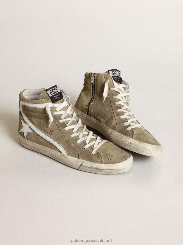 Slide sneakers in military-green suede with white leather star and flash FN20N534 Men Golden Goose