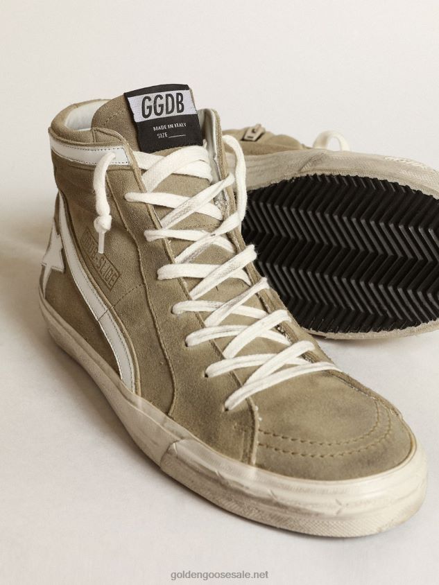 Slide sneakers in military-green suede with white leather star and flash FN20N534 Men Golden Goose