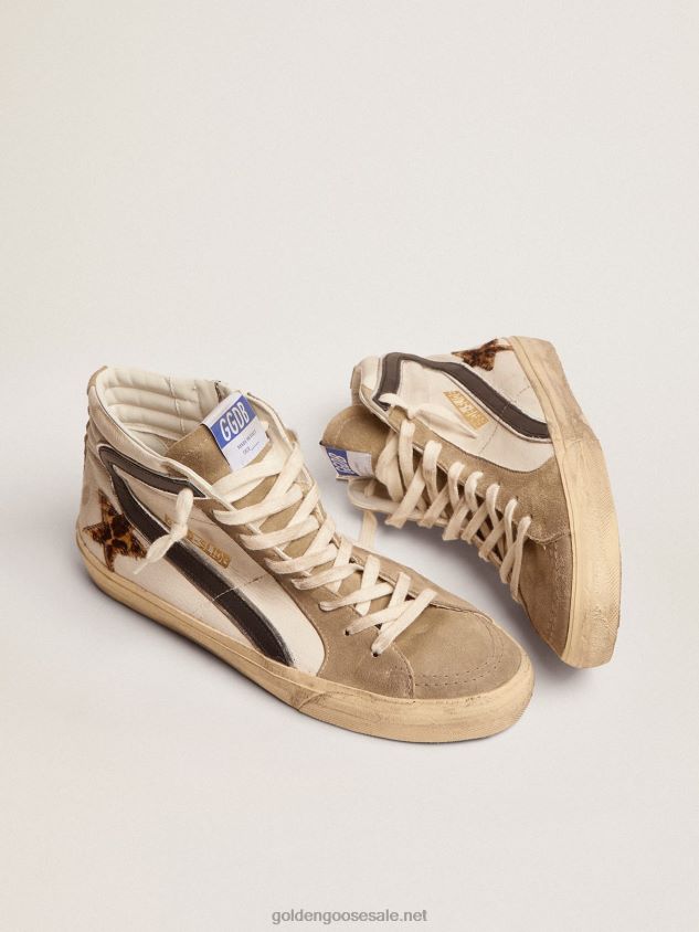 Slide sneakers with leopard-print pony skin star and black leather flash FN20N524 Men Golden Goose