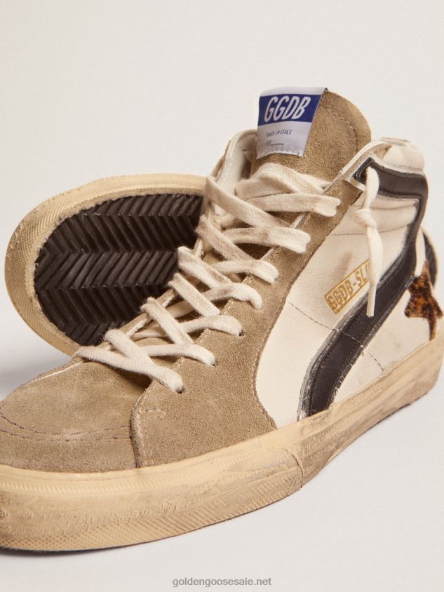 Slide sneakers with leopard-print pony skin star and black leather flash FN20N524 Men Golden Goose