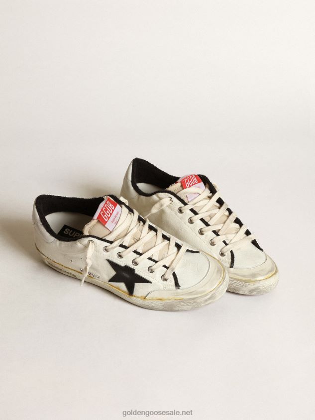 Super-Star LTD sneakers in beige canvas with black leather star and white leather heel tab FN20N576 Men Golden Goose