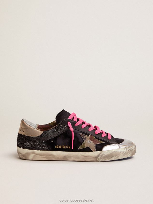 Super-Star sneakers in black glitter and suede with camouflage fabric star FN20N564 Men Golden Goose