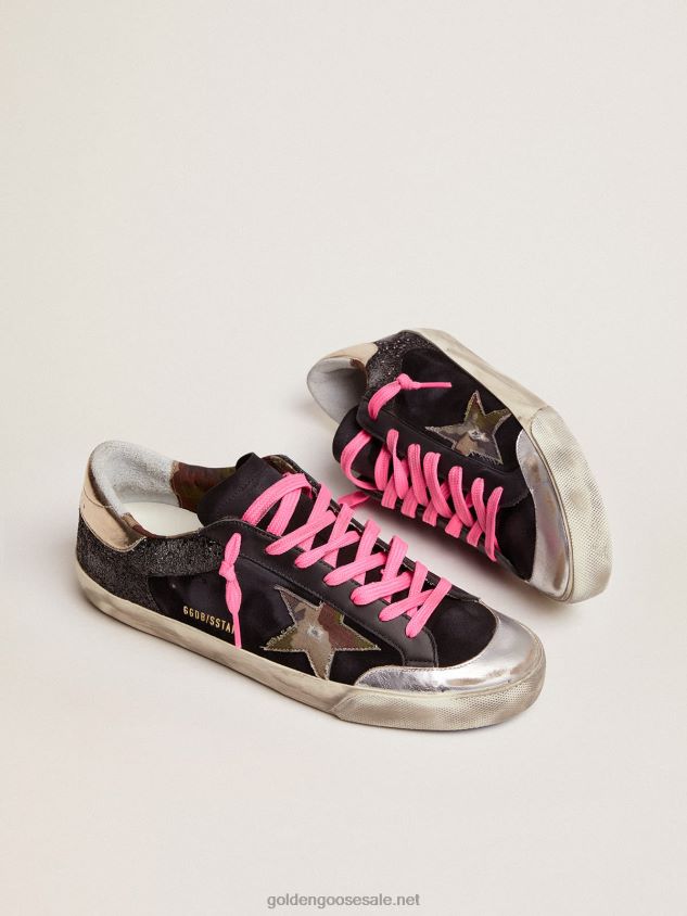 Super-Star sneakers in black glitter and suede with camouflage fabric star FN20N564 Men Golden Goose