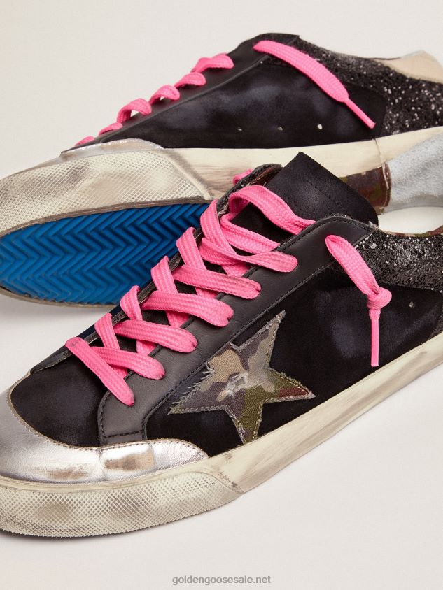 Super-Star sneakers in black glitter and suede with camouflage fabric star FN20N564 Men Golden Goose