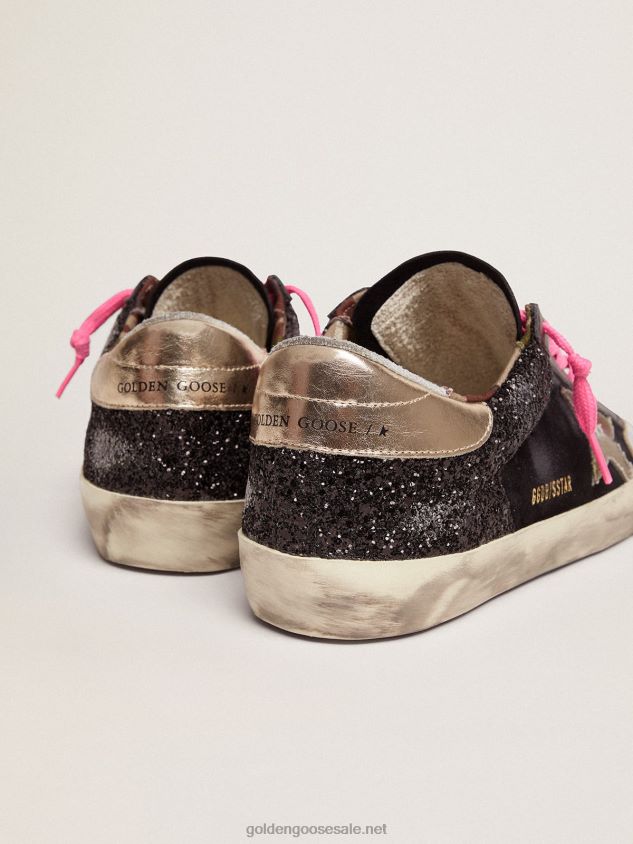 Super-Star sneakers in black glitter and suede with camouflage fabric star FN20N564 Men Golden Goose