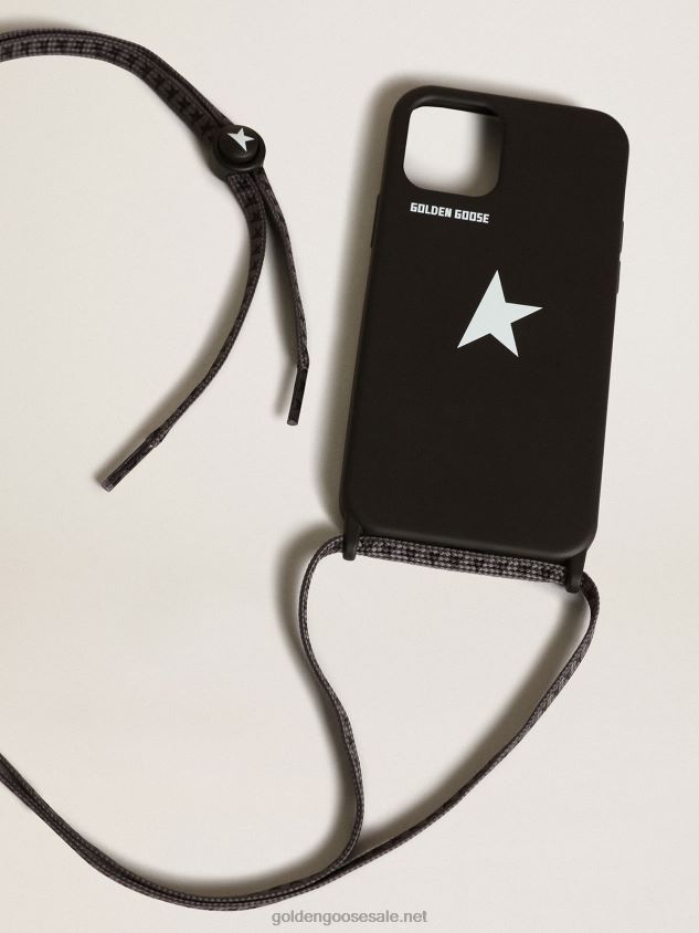 Black iPhone 12 and 12 Pro Max case with contrasting white logo and logo lanyards FN20N298 Women Golden Goose