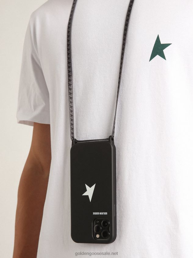 Black iPhone 12 and 12 Pro Max case with contrasting white logo and logo lanyards FN20N298 Women Golden Goose