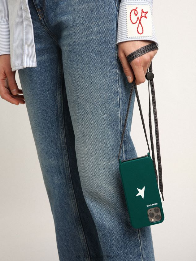 Green iPhone 12 and 12 Pro case with contrasting white logo and logo lanyards FN20N310 Women Golden Goose